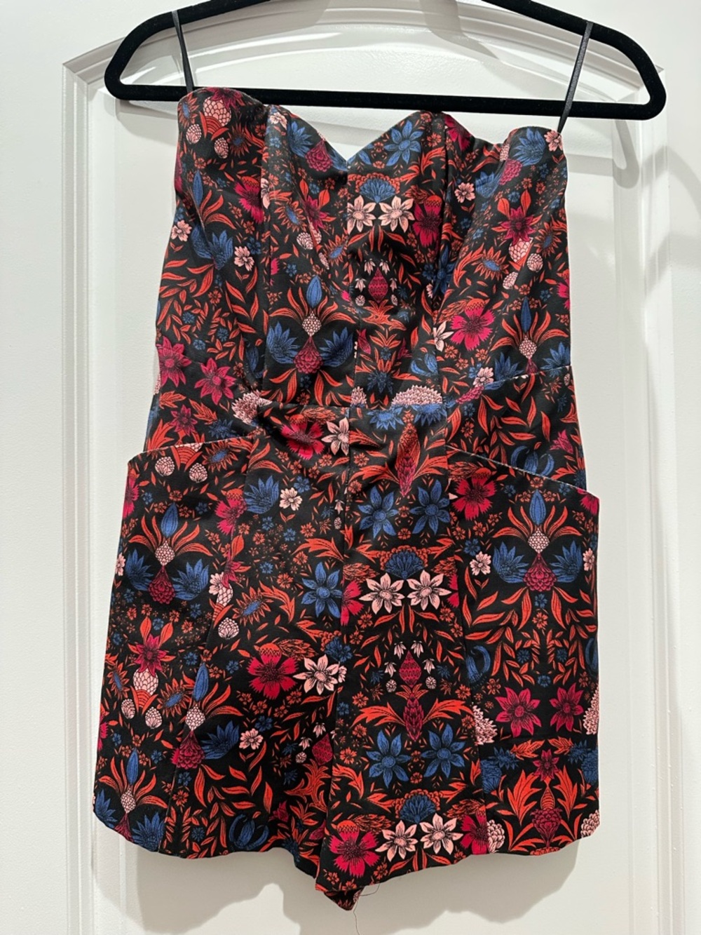 H&M Black Strapless Floral Romper with Red, Pink & Blue Flowers